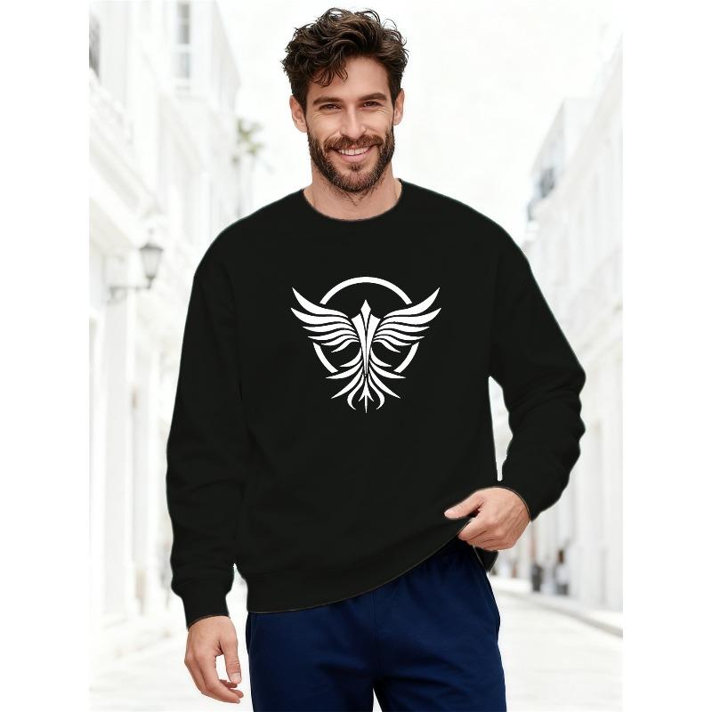 Men's White Bird Pattern Casual Crewneck Sweatshirt, PLUS SIZE 100% Cotton Printed Long-Sleeve Crew Neck Pullover