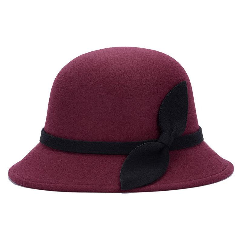 Women's Retro Wool Felt Hat with Leaf Bow