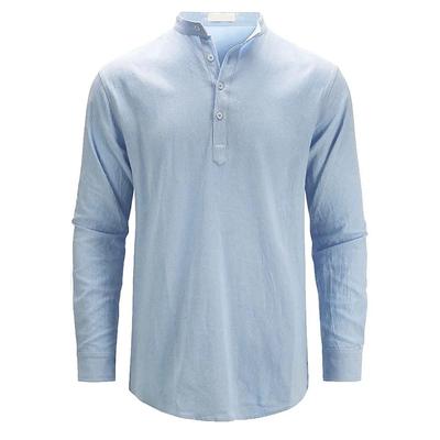 Spring Summer Men's Cotton Linen Polo Shirts Casual Long Sleeve Lightweight Henley Neck Solid Color Tops Hawaiian Beach Shirts