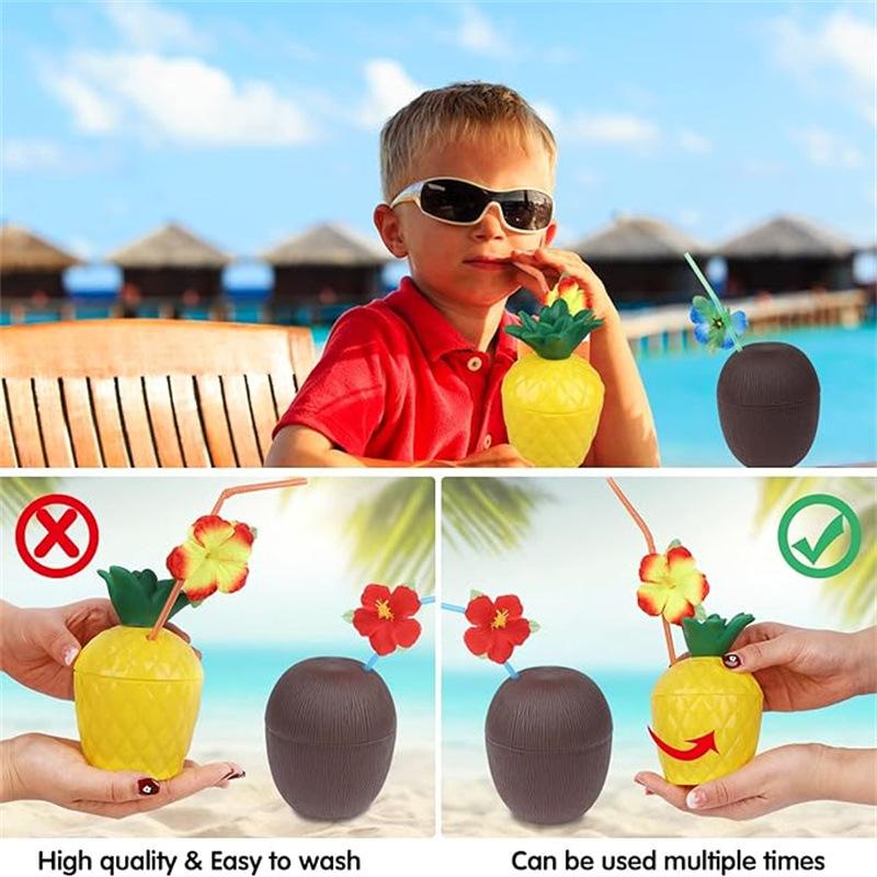 1pcs Tropical Pineapple Coconut Drinking Cup Juice Cups Straw Summer Luau Flamingo Birthday Beach Pool Party Hawaiian Decoration