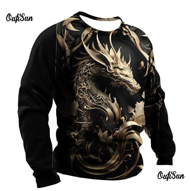 3d Men's Dragon Print T-Shirt Long Sleeve Man Oversized Tee Tops Casual O-Neck Pullover Animal Pattern Male Tshirt Clothes