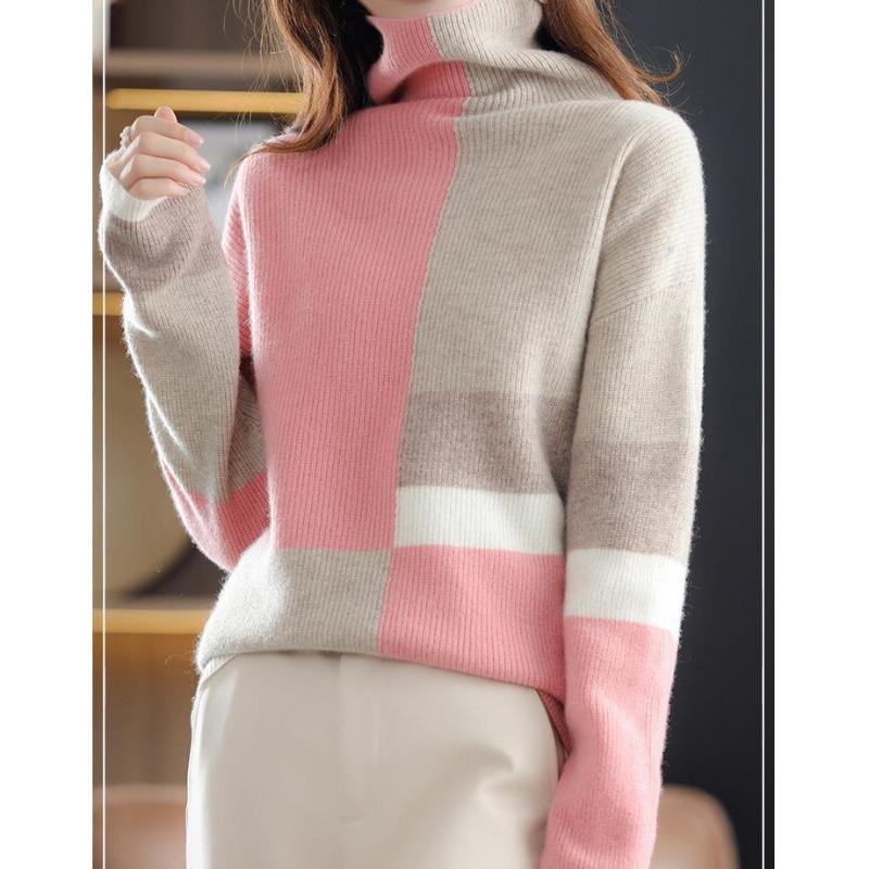 High-necked contrasting pullover sweater with new autumn and winter temperament commuting soft waxy bottoming knitted sweater for women