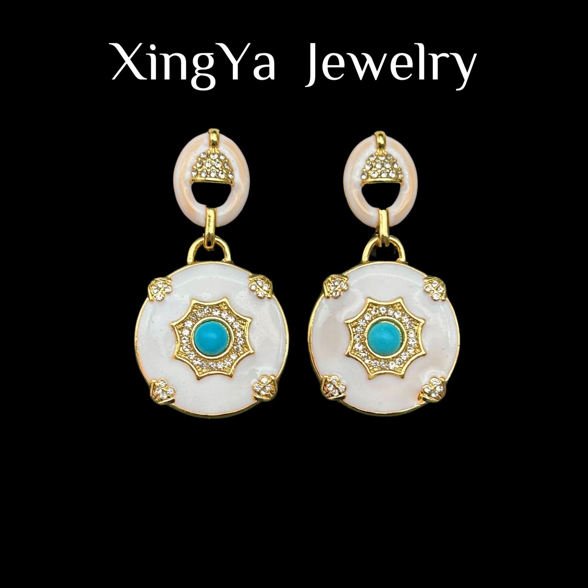 Medieval Court Retro Round Glazed Full Earrings Relief Reading Real Gold Turquoise Fashionable