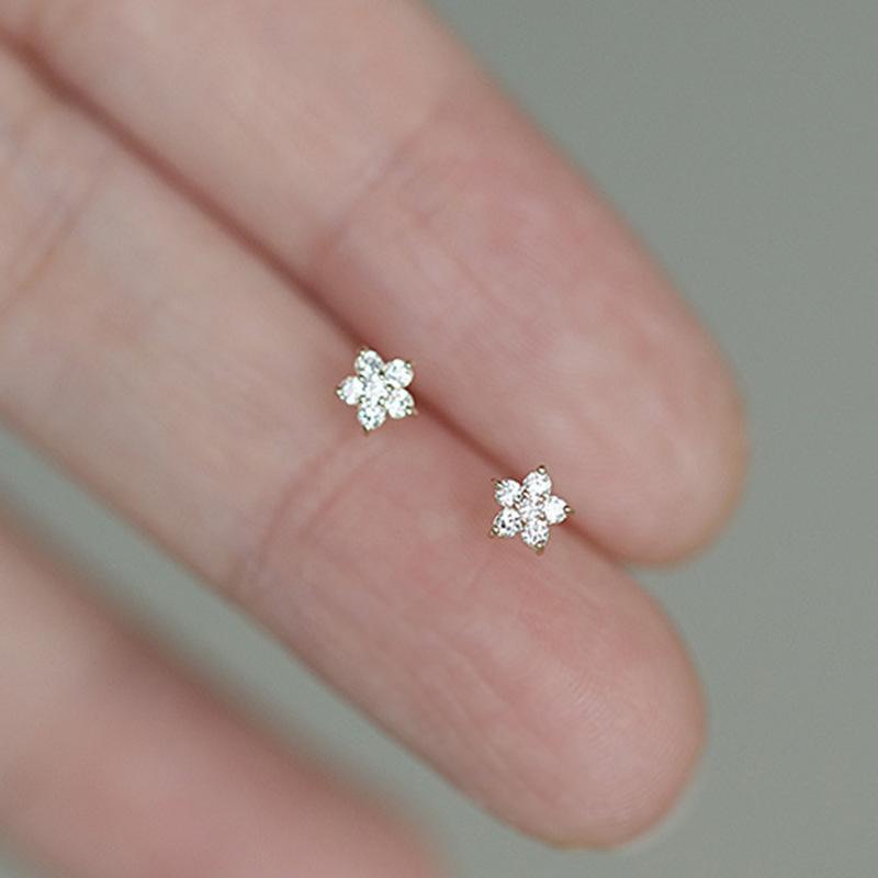Simple Zircon S925 Sterling Silver Mini Flower Stud Earrings, Popular Electroplated Star Stud Earrings.