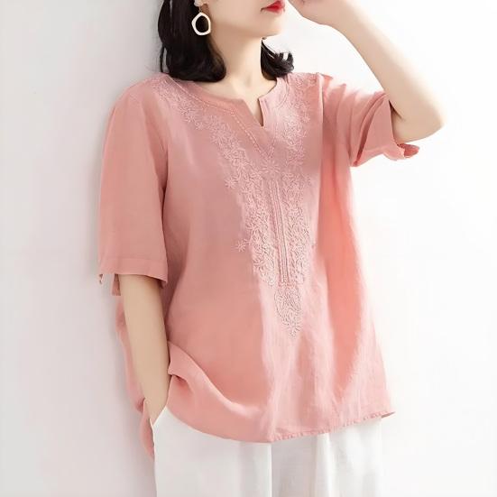 Women Tops V-Neck Short Sleeve Embroidery Flower Pattern Pullover Tops Solid Color Loose Fit Casual T-shirt Daily Wear