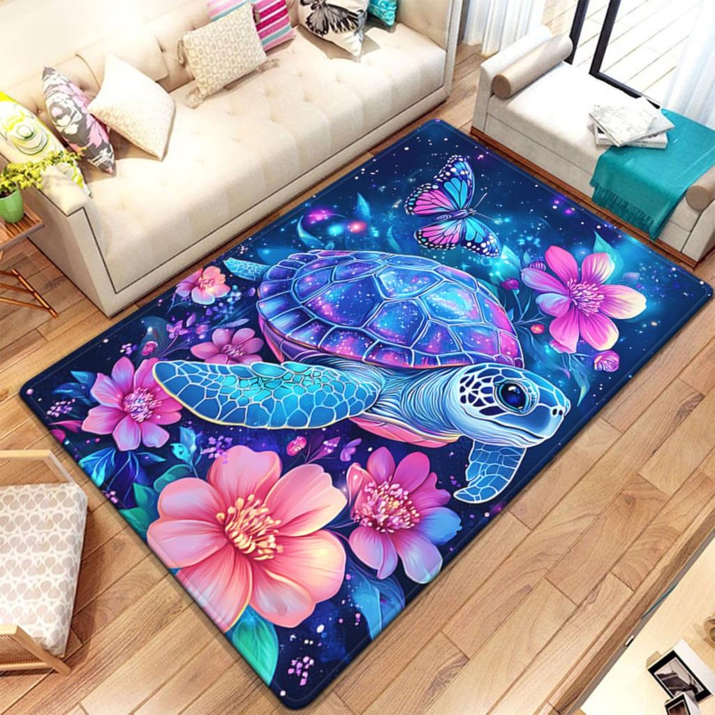 Galaxy turtle floral rug cosmic sea turtle with butterfly and flowers bedroom carpet magical nature art soft plush rug