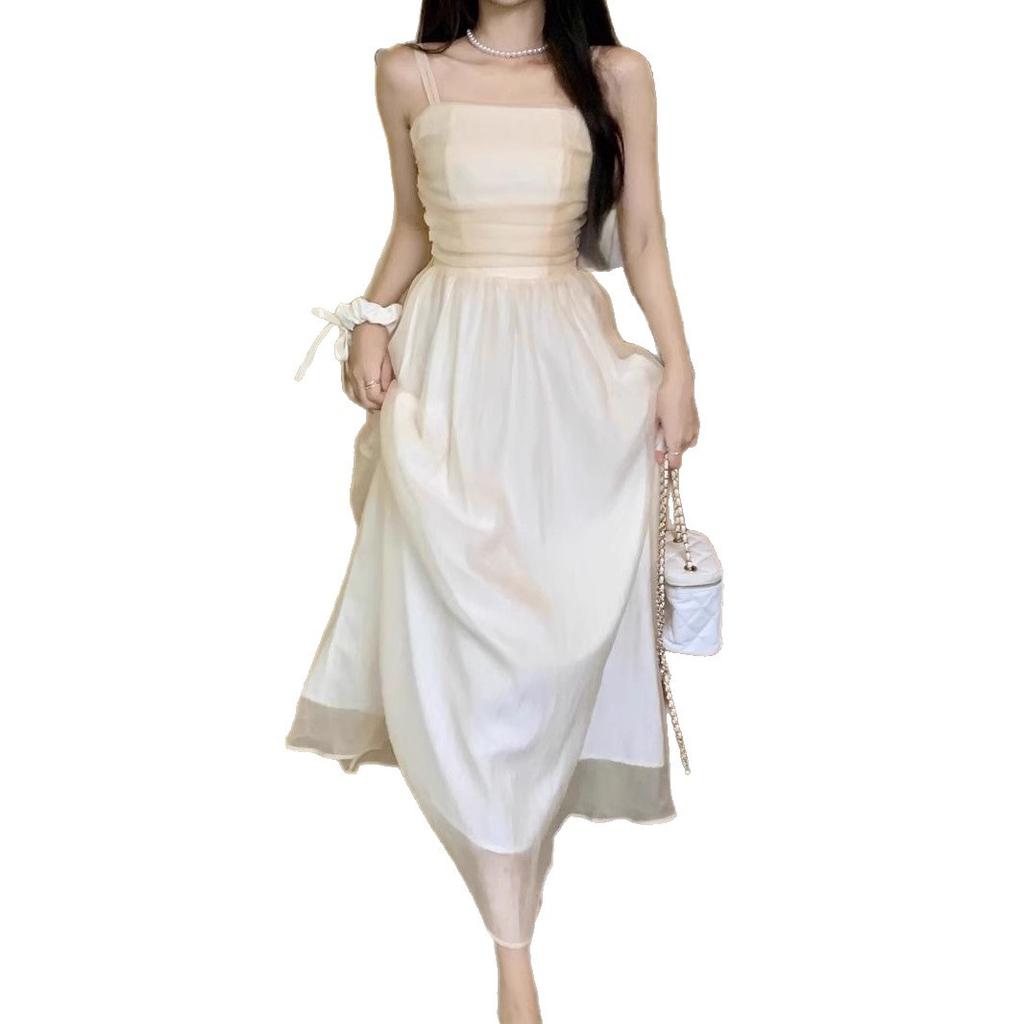 Tube top suspender dress women's summer new super fairy waist thin mesh retro temperament first love long dress