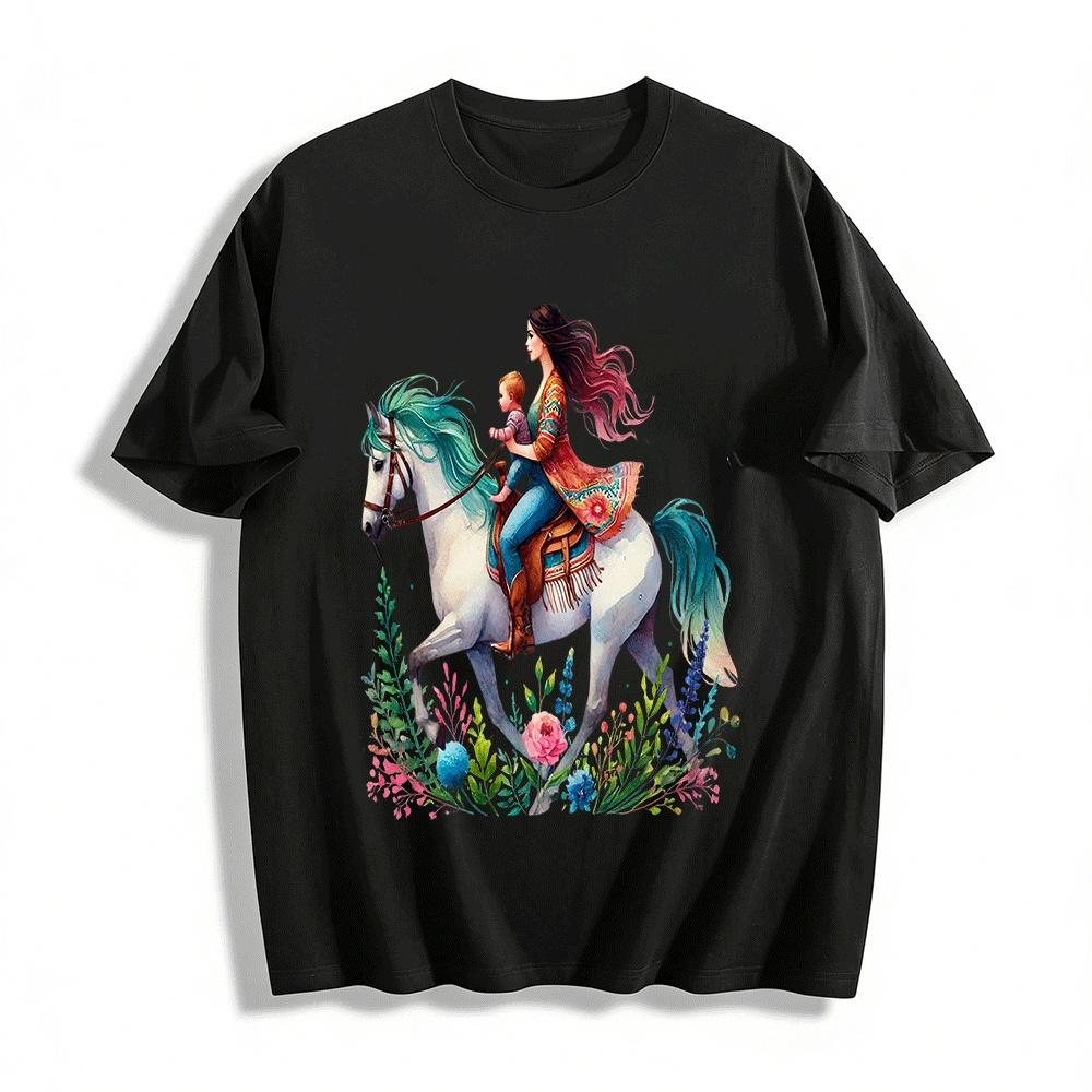 Bohemian Mother And Child Horse Riding Print Casual Top Pure cotton T-shirt XXS