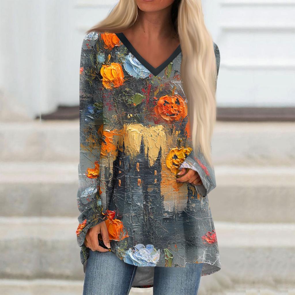 Women's Long Sleeve V Neck Tunic with Halloween Graphic Print for Casual Fall Wear