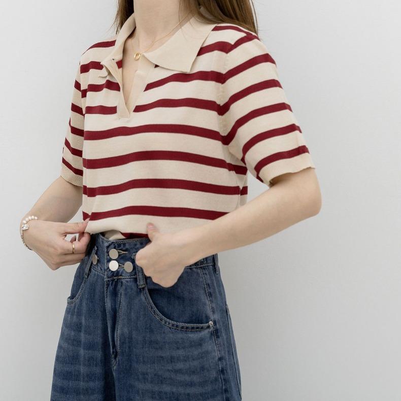 

Классический вязаный топ в полоску с воротником-поло и короткими рукавами L красный