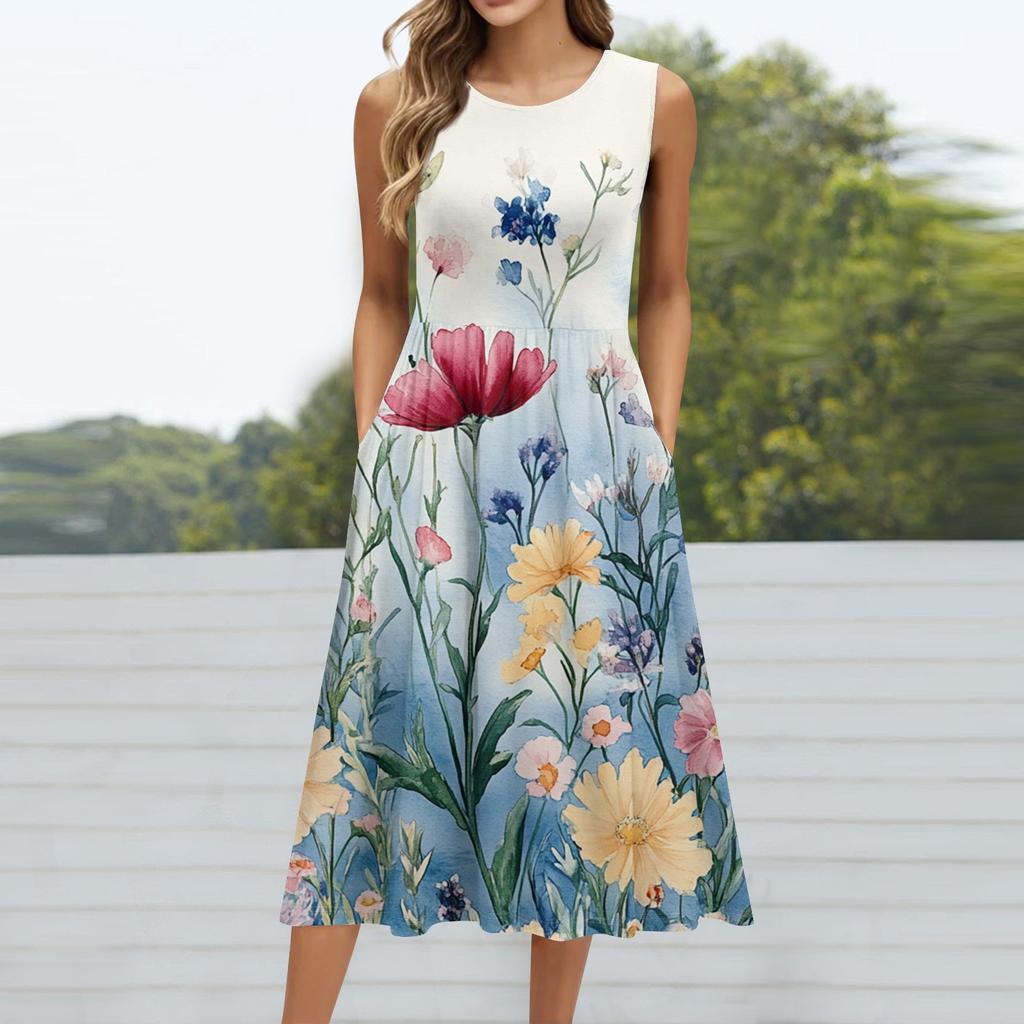 Robe mi-longue décontractée à imprimé à la mode pour femmes, col rond, sans manches, avec poche