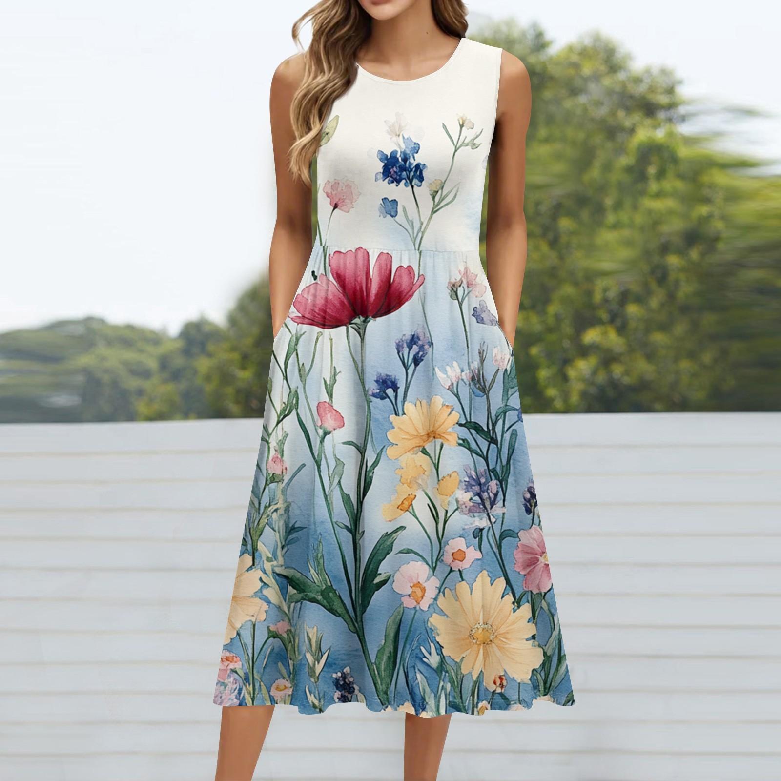 

Женское модное платье средней длины с круглым вырезом и принтом без рукавов L