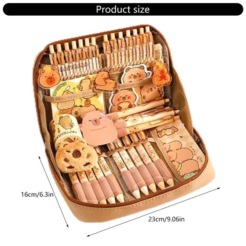 9Pcs Capybara Student School Stationeries With Large Pencil Case Eraser Pen Paper Clamp Highlighter Pen Ruler Sticker