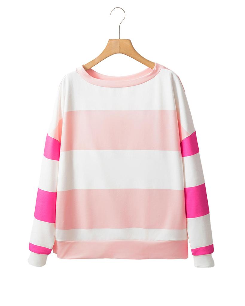 Azura Exchange Light Pink Colorblock Striped Drop Shoulder Long Sleeve Top