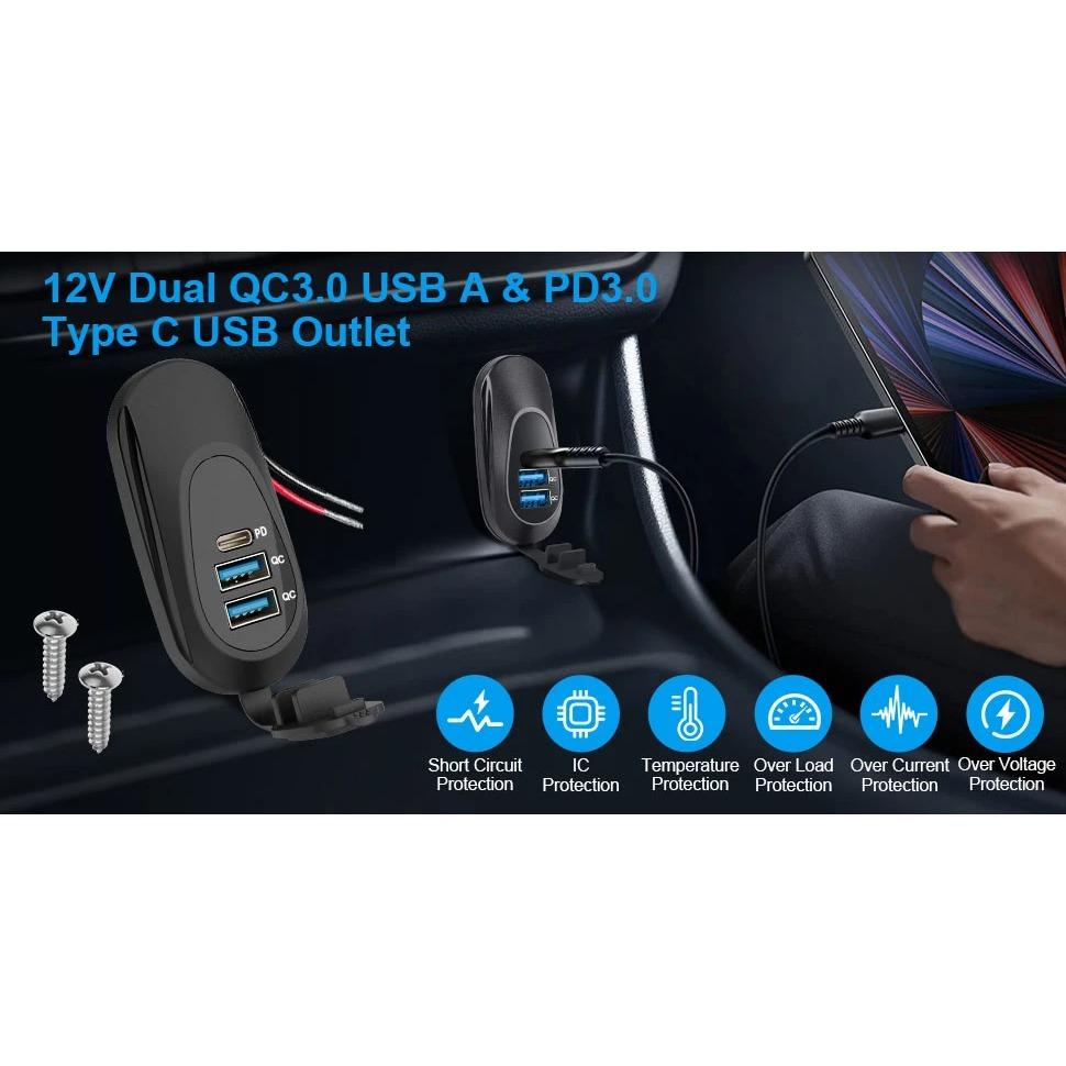 12V USB Car Charging Socket 60W Dual QC3.0 USB A & PD3.0 Type C USB Outlet Car Fast Charging Adapter for 12V Car Marine Truck RV