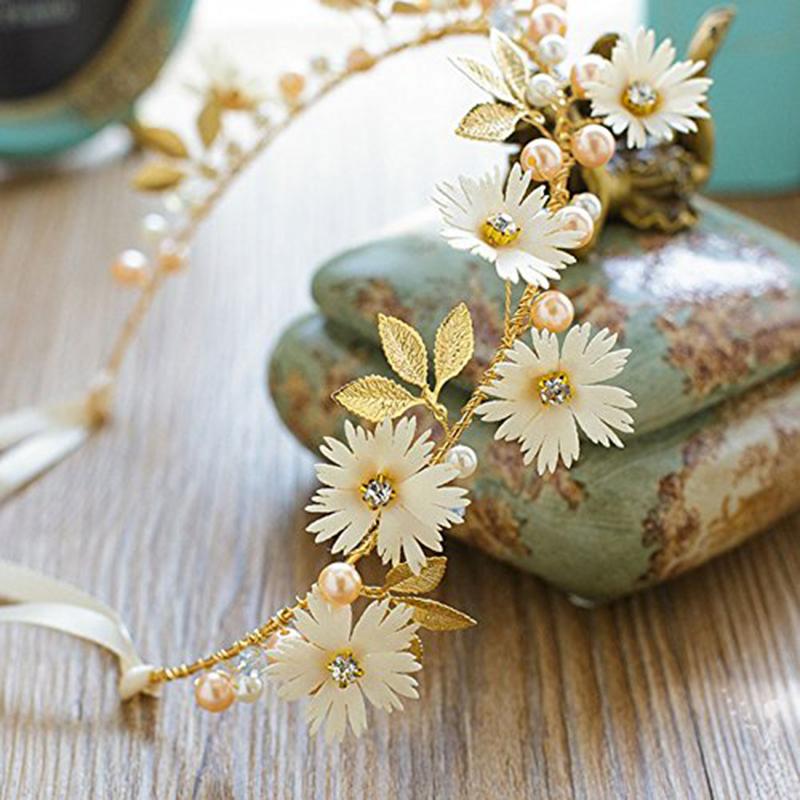 Gold Leaf Daisy Flower Headband Bridal Pearl Tiaras Hair Jewelry Ribbon Wreath