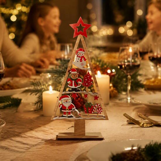 Christmas Tree with Pendants Wooden Tabletop Decor, Hollow Xmas Ornament, Farmhouse Vintage Style Decor Desktop Centerpiece for Holiday Party