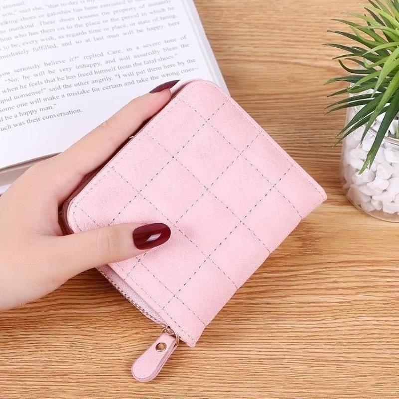 Women Fashion Zipper Small Wallet Coin Short  Purse PU Leather Plaid Purses Ladies Cute Mini Students Pocket Small Card Pack New