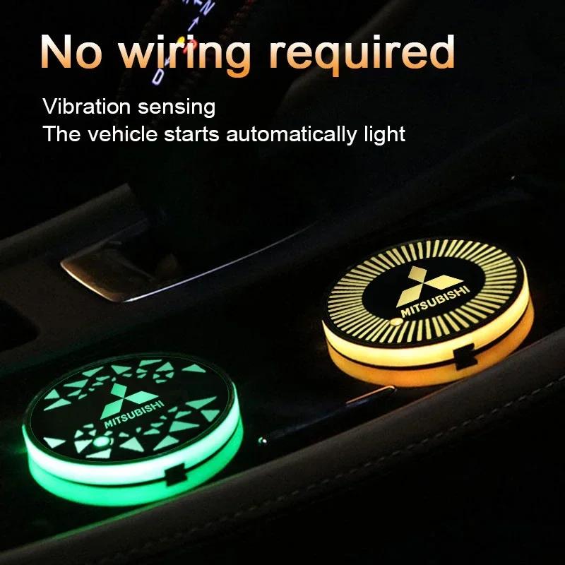 lcbk8 LED 7 Colors Car Coaster Light Water Cup Drinks Holder Mat For Mitsubishi ASX Galant Mirage L200 EVO Triton Pajero Outlander