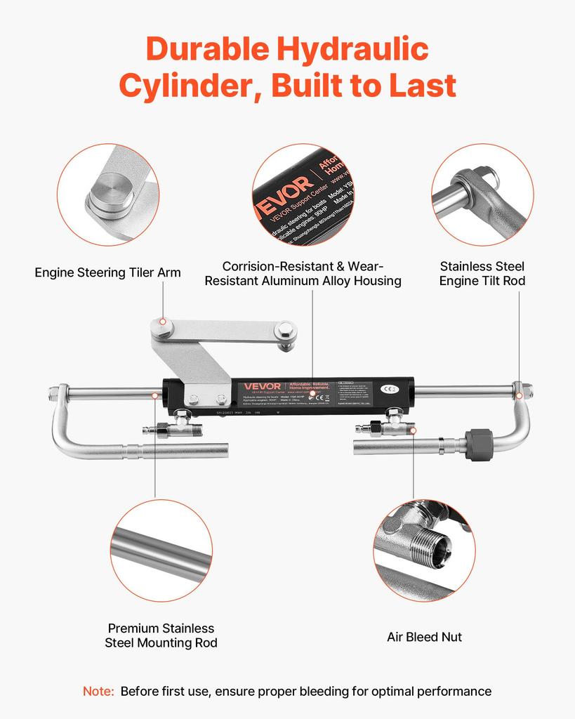 VEVOR Hydraulic Steering Kit, 70kW (90 HP), Hydraulic Steering Helm Pump & Cylinder, with 6.9 MPa/1000 Psi Max Working Pressure
