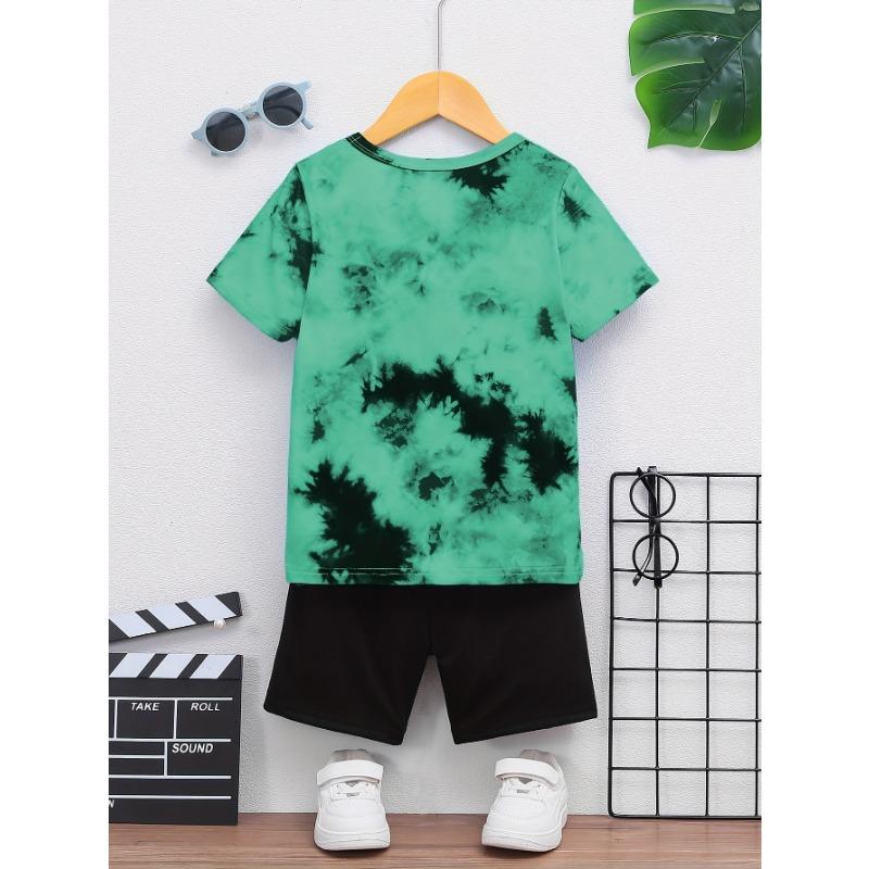 Summer Children's Round Neck Short Sleeved Shorts T-shirt with 3D Pattern Digital Printing Tie Dye Knit Top, Suitable for Outdoor Wear