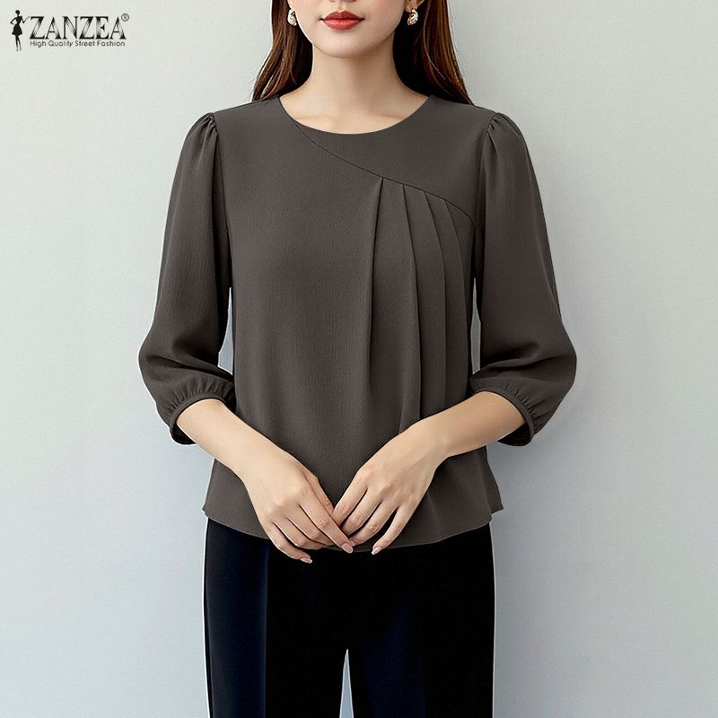 ZANZEA Blouse Décontractée Femme Col Rond Couleur Unie Manches 3/4