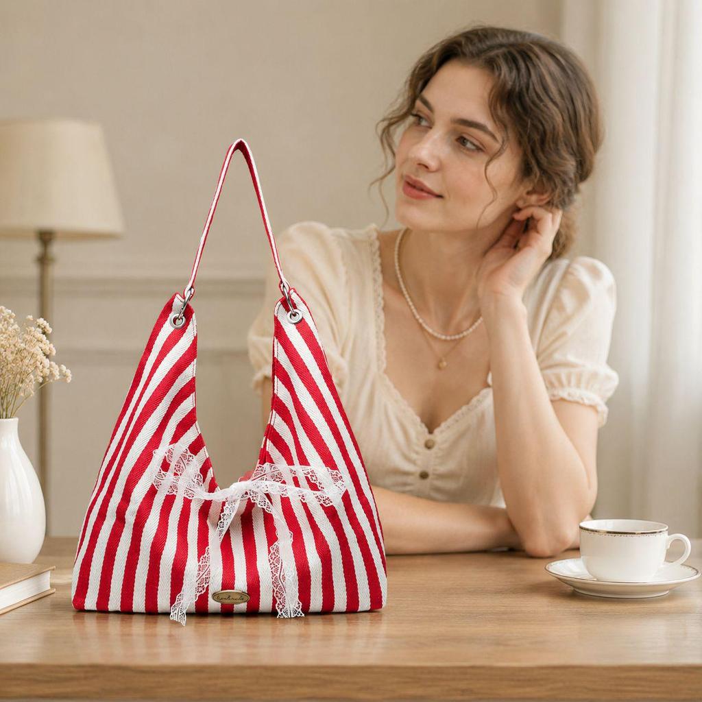 Reversible Striped Canvas Tote Bag - Korean Style, Large Capacity, Fashionable and Versatile for Everyday Use