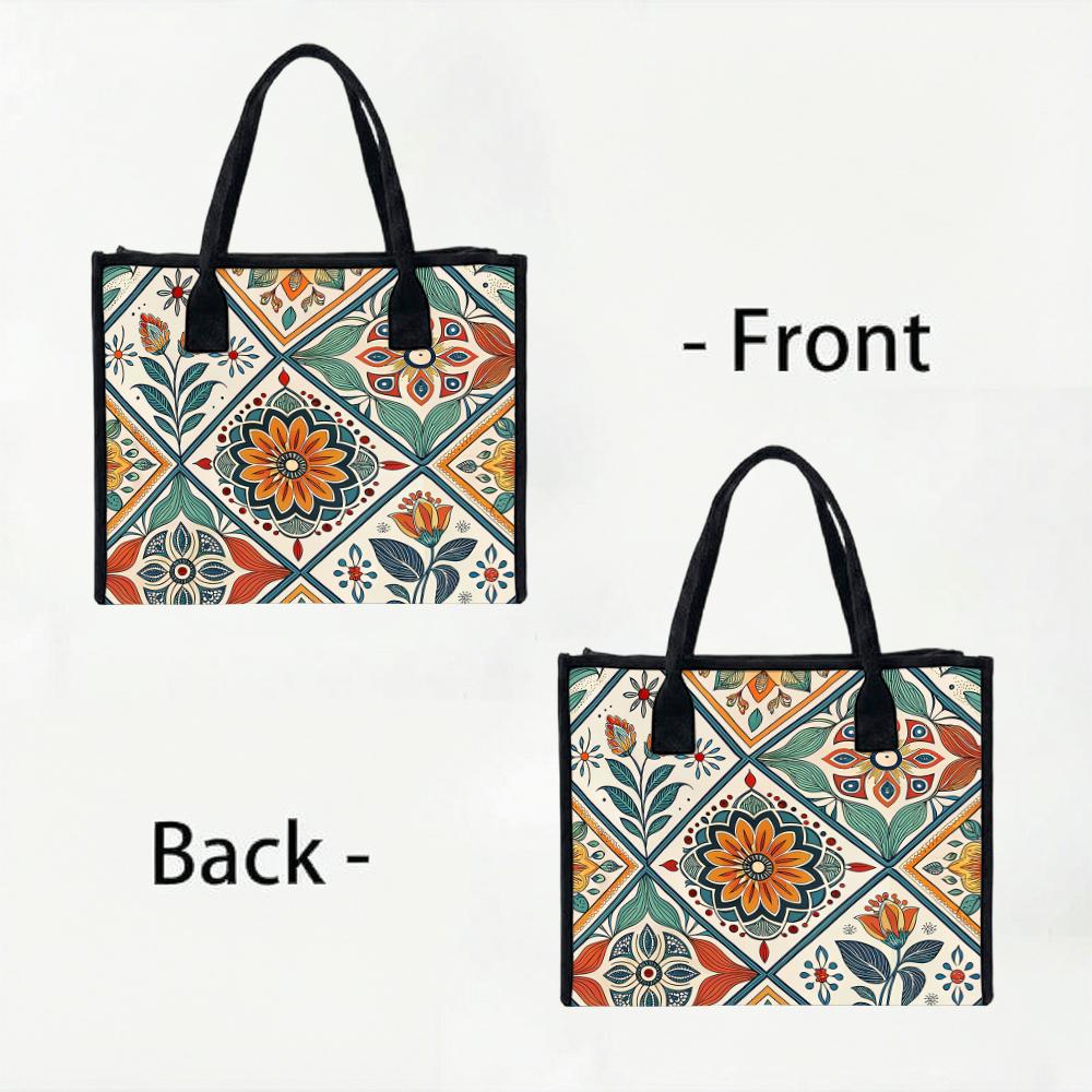 Vintage Boho Floral Printed Tote Bag Daily Use Shopping Shoulder Bags for Women Casual Portable Aesthetic Handbag