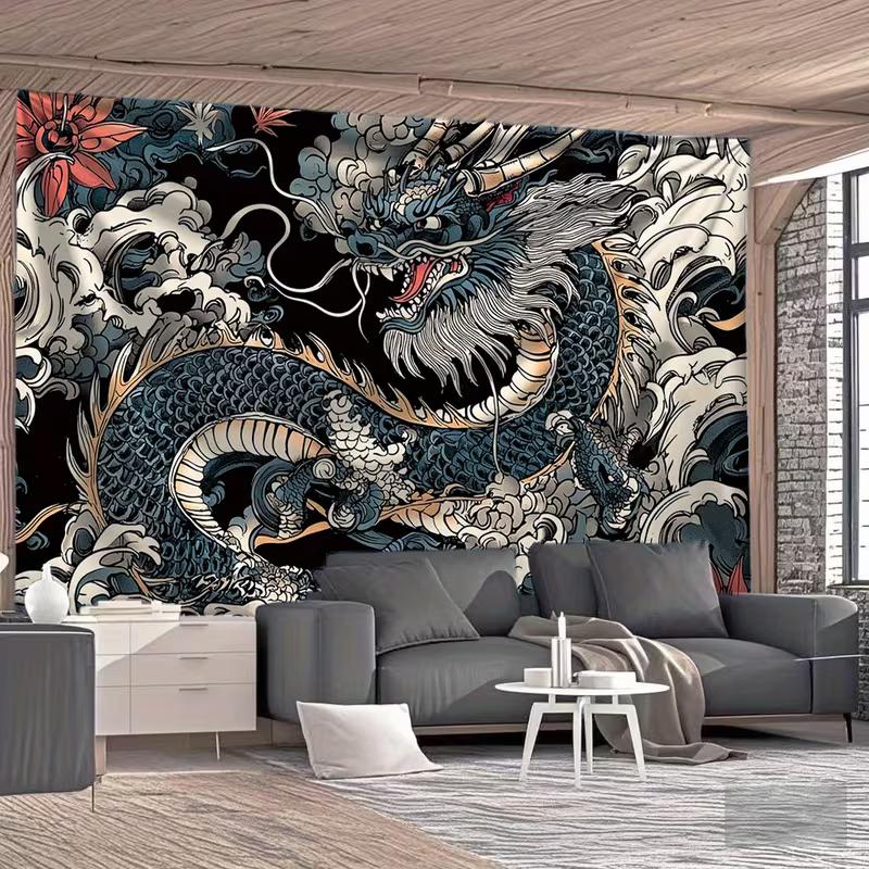 2D Oriental Dragon Wave Tapestry Black Background Home Background Cloth