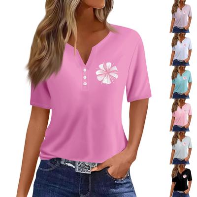 Dámské ležérní tričko s ozdobným knoflíkem s výstřihem do V a krátkým rukávem s potiskem
