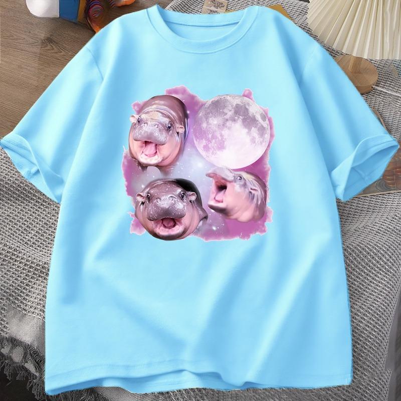 Three Moo Deng Moon Tshirt Unisex WOMEN Fuuny Cartoon Cute Moodeng Tshirt Cotton Short Sleeve O Neck Unisexs WOMEN Clothing Tops