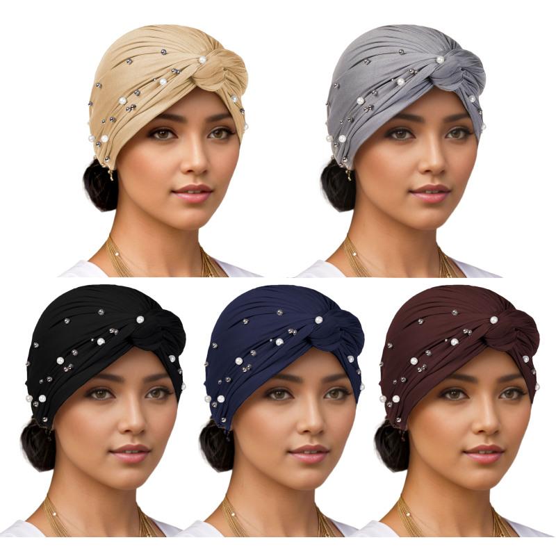 

Женская шапка-тюрбан, мягкая, предварительно завязанная, шапочка-бини, модная, с жемчужными бусинами, плиссированная шапка-тюрбан