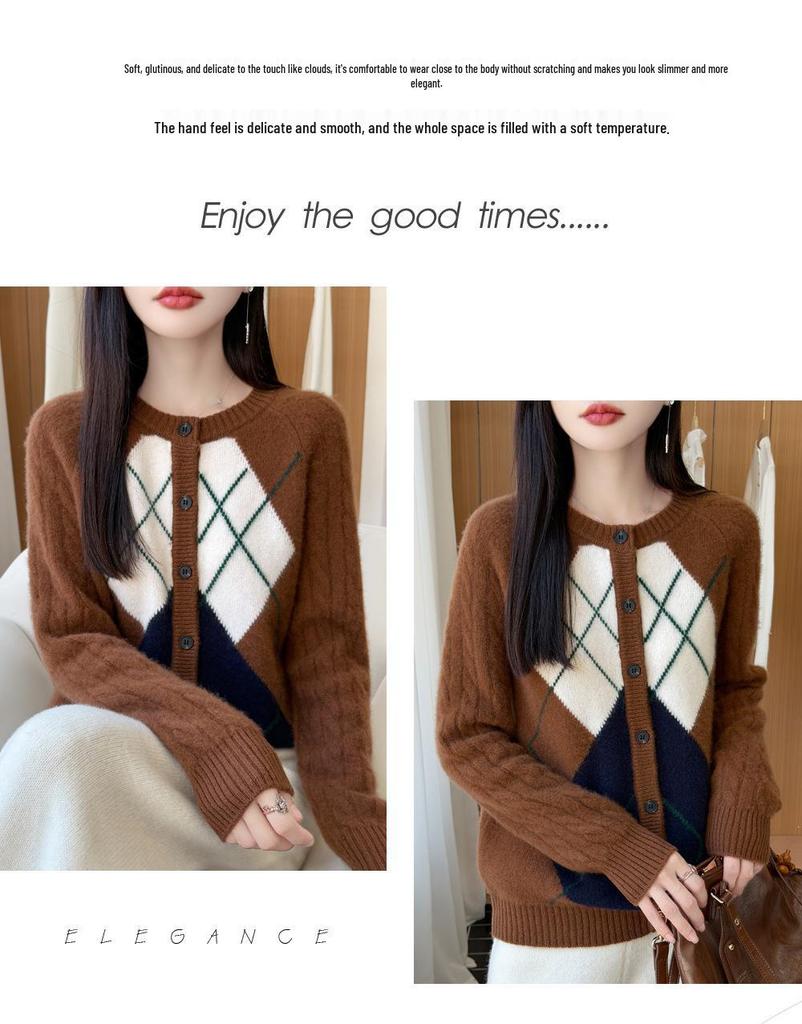 Women's Diamond Patchwork Pure Wool Knit Cardigan Sweater, Round Neck, Long Sleeve - 2026 Autumn/Winter.