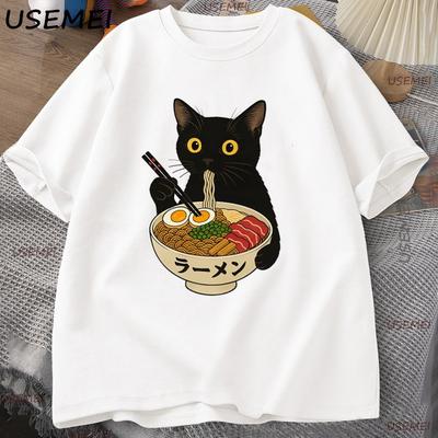 RaUnisex T-shirt Chat Noir Nouilles Amoureux de la Cuisine Meme Haut T-shirt Cool Décontracté Manches Courtes Col Rond Vêtements Streetwear