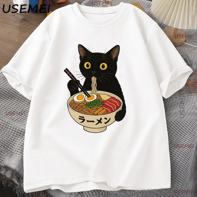 Ramen Noodle Black Cat T Shirt Foodie Lover Meme Tops Cool T Shirt Casual Short Sleeves Round Neck Tshirt Streetwear Clothes M белый