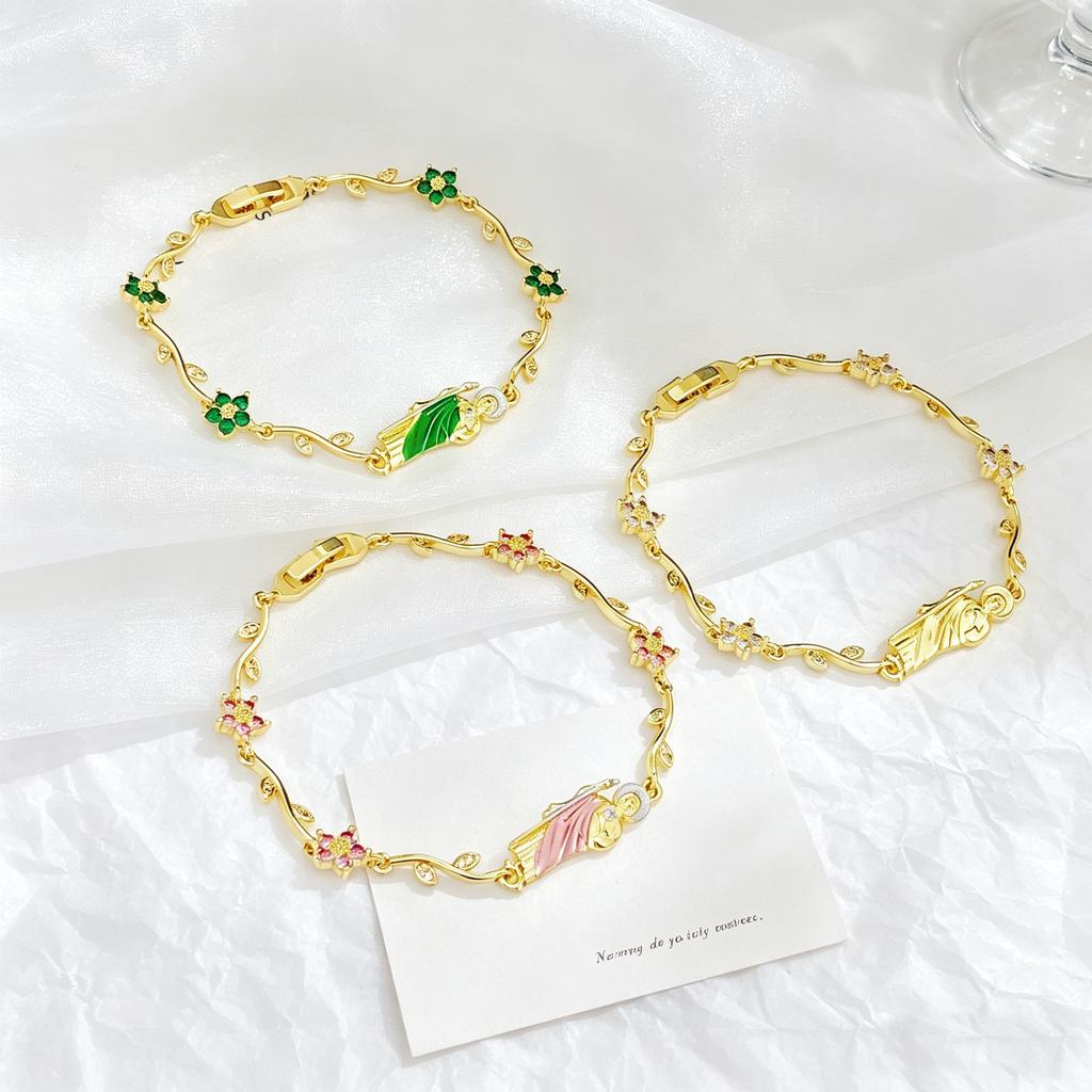 New Arrivals Pink Green Enamel Art St. Jude Rhinestone Flower Chain Bracelet Classic for Women Girl Party Religious Jewelry Gift