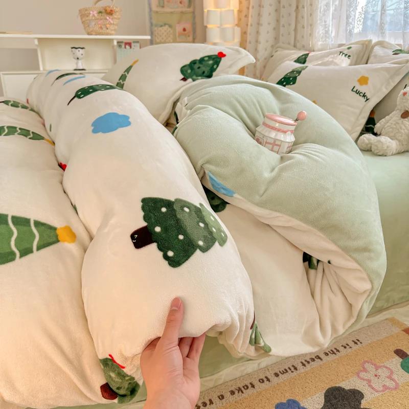2024 New Class A Small Fresh Printed Milk Fleece Single Bedding Set Thick Warm Cartoon Quilt Cover Fall and Winter Duvet Cover
