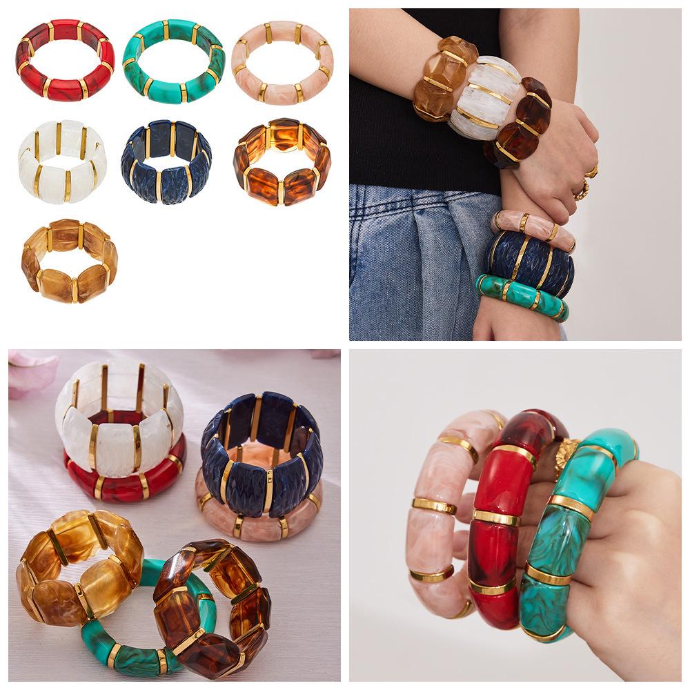 18K Gold-Plated Dopamine Resin Bracelet: European & American Light Luxury Fashion, Versatile Wide Band Elastic Design.