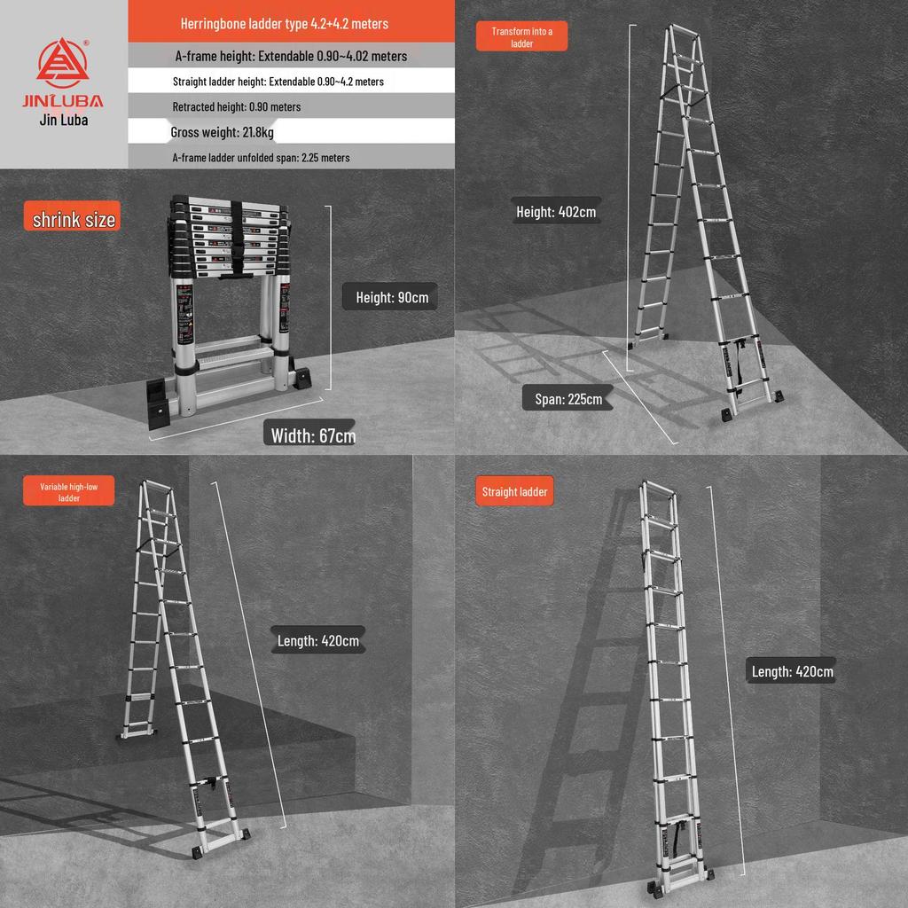 Jinluba Aluminum Telescopic A-Frame Ladder - Thickened, Stainless Steel, Bamboo Joint, for Household & Engineering Use