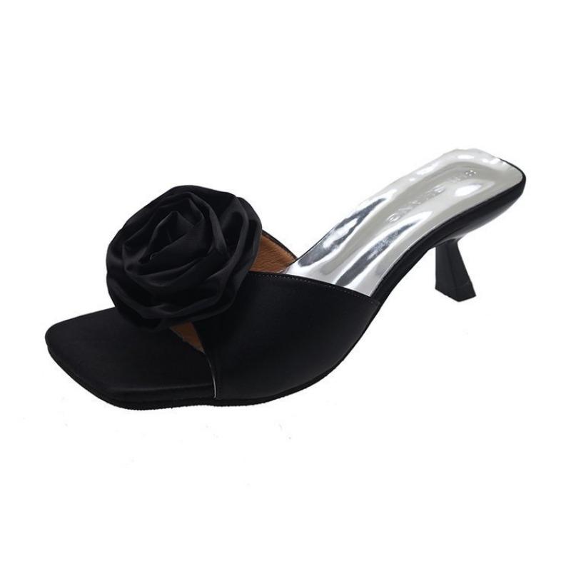 Square head one-word drag new summer new flower temperament sandals with skirt high-heeled slippers