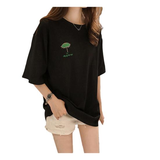 Damski T-shirt z krótkim rękawem z haftem parasola, z okrągłym dekoltem, oversize, top, długa bluzka