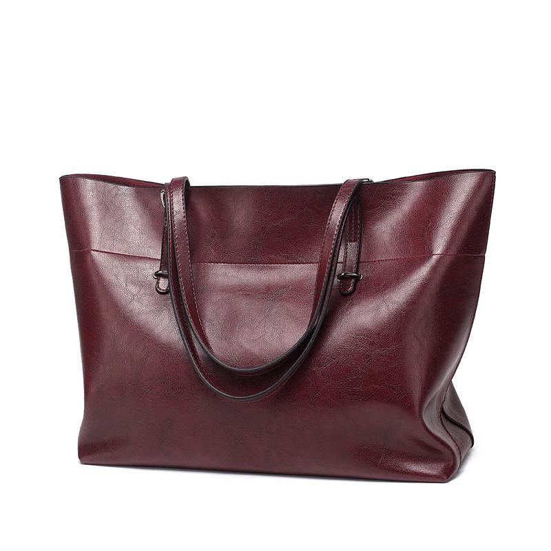 New PU Women's Bag Fashion Waxed Cowhide Large Bag Handbag Shoulder Bag