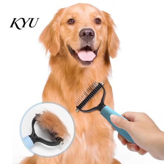 Cat Hair Remover Double-Sided Pet Detangling Rake, Dog Undercoat Rake with Rounded Blades, Grooming Supplies Shedding Brush Comb for Long Dogs,