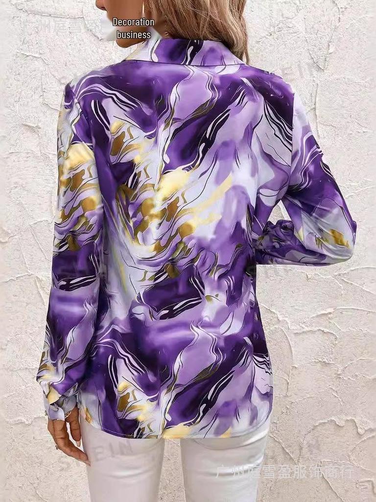 European & American Spring/Fall New Style Long Sleeve Lapel Loose Fit Digital Print Shirt