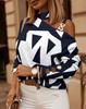 Women Long Sleeve Chain Halter Neck Printed Tops Autumn Winter Button Decorated Fashion