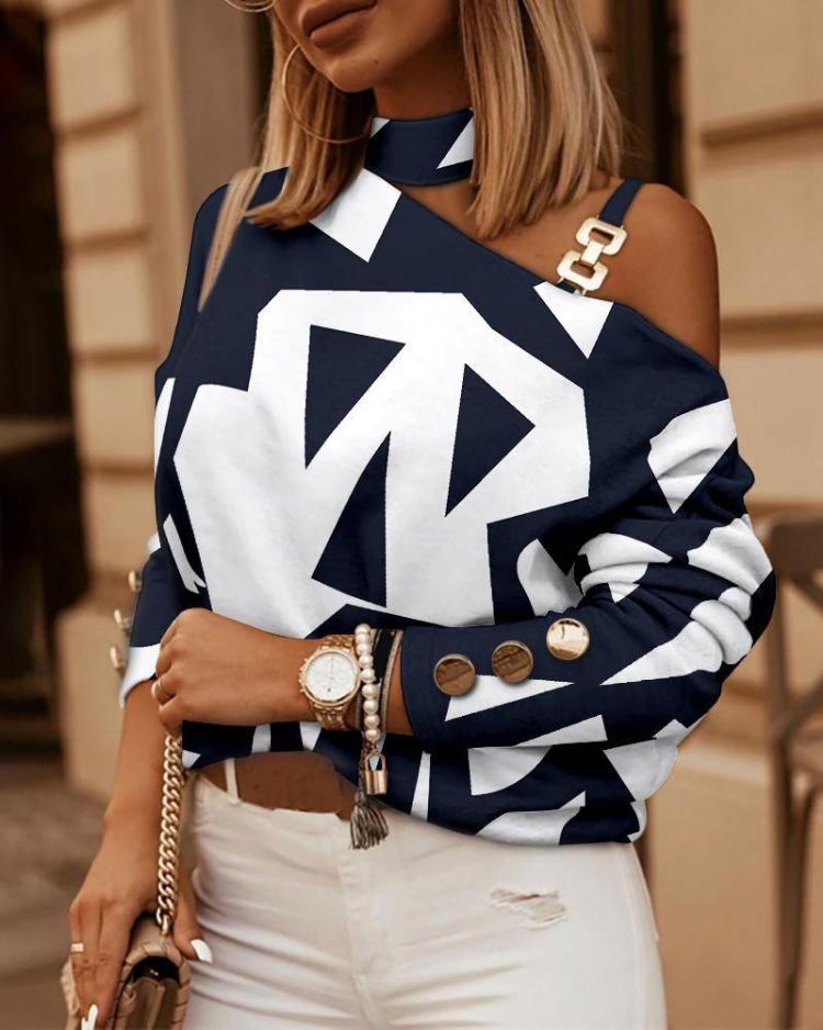 Women Long Sleeve Chain Halter Neck Printed Tops Autumn Winter Button Decorated Fashion