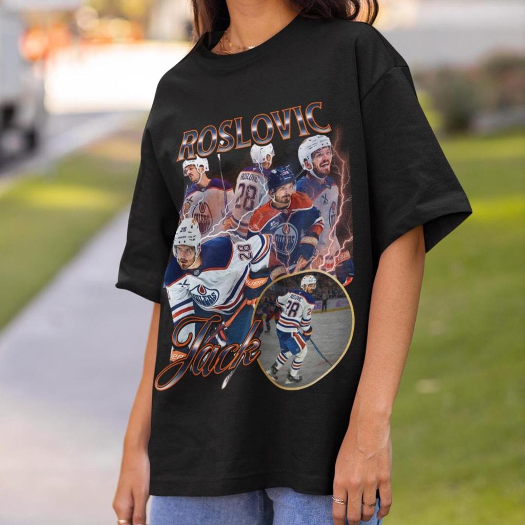 Jack Roslovic Tričko Vintage 90. léta Edmonton Oilers Fan NHL Hokej Design Retro Bootleg Dárek Klasické Grafické Tričko Unisex Tričko Limitovaná Edice
