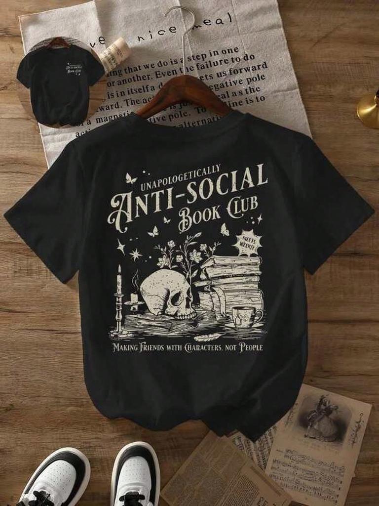 TXT Shirt Print ,Graphic-Cotton Tees Size Plus,Anti-Social Book Club Graphic Printed Casual Round Neck Short Sleeve T-Shirt Women's Summer Tops