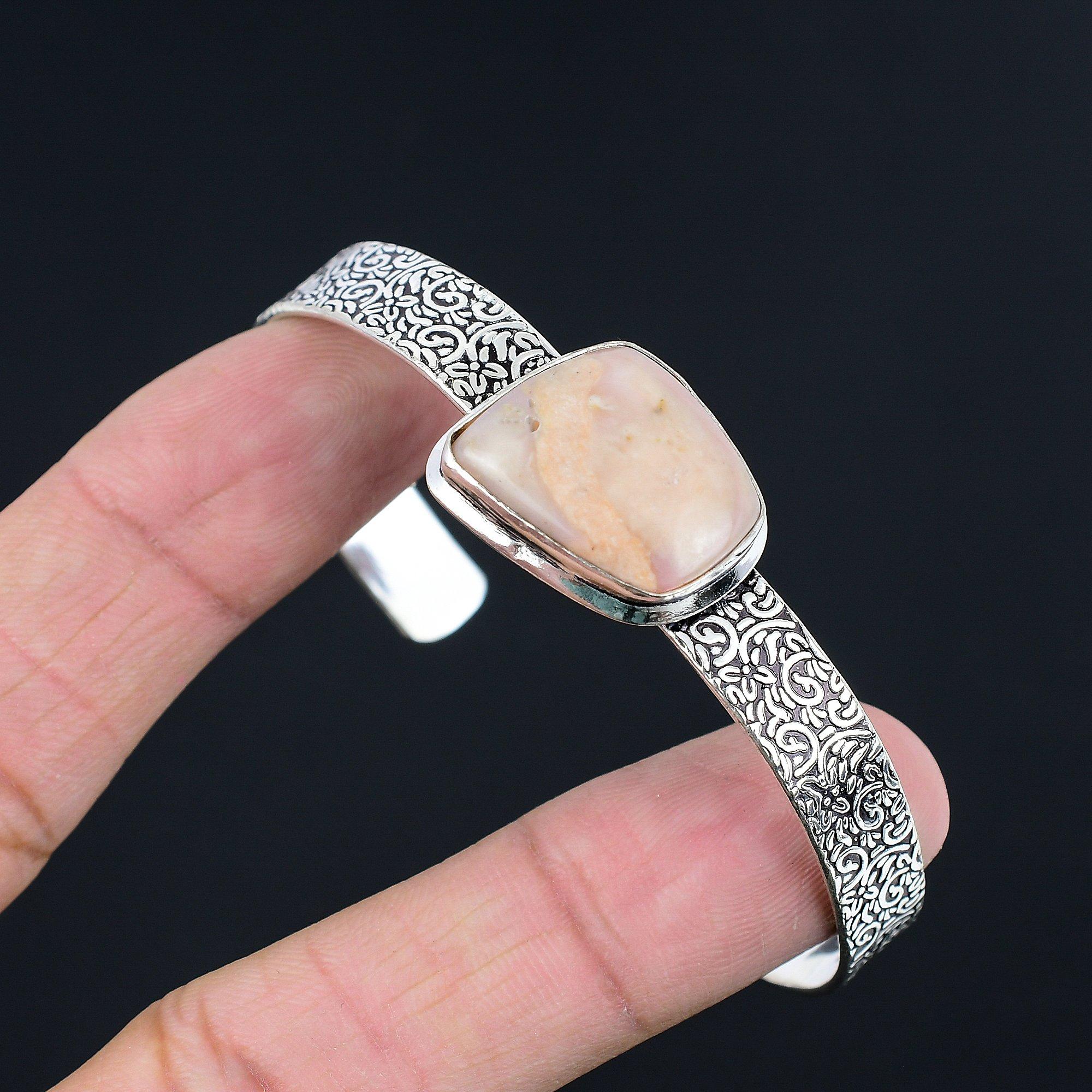 

925 Sterling Silver Trillion Pink Opal Stone Birthday Wedding New Bangle Jewelry Adjustable