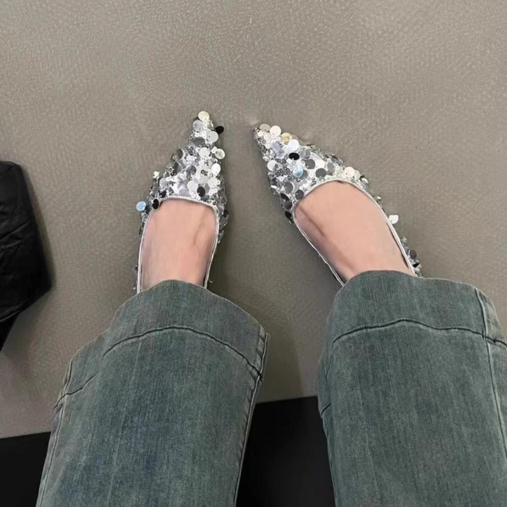 French high heels silver temperament bag head sandals fairy shoes 2025 new spring and summer sequined pointed single shoes